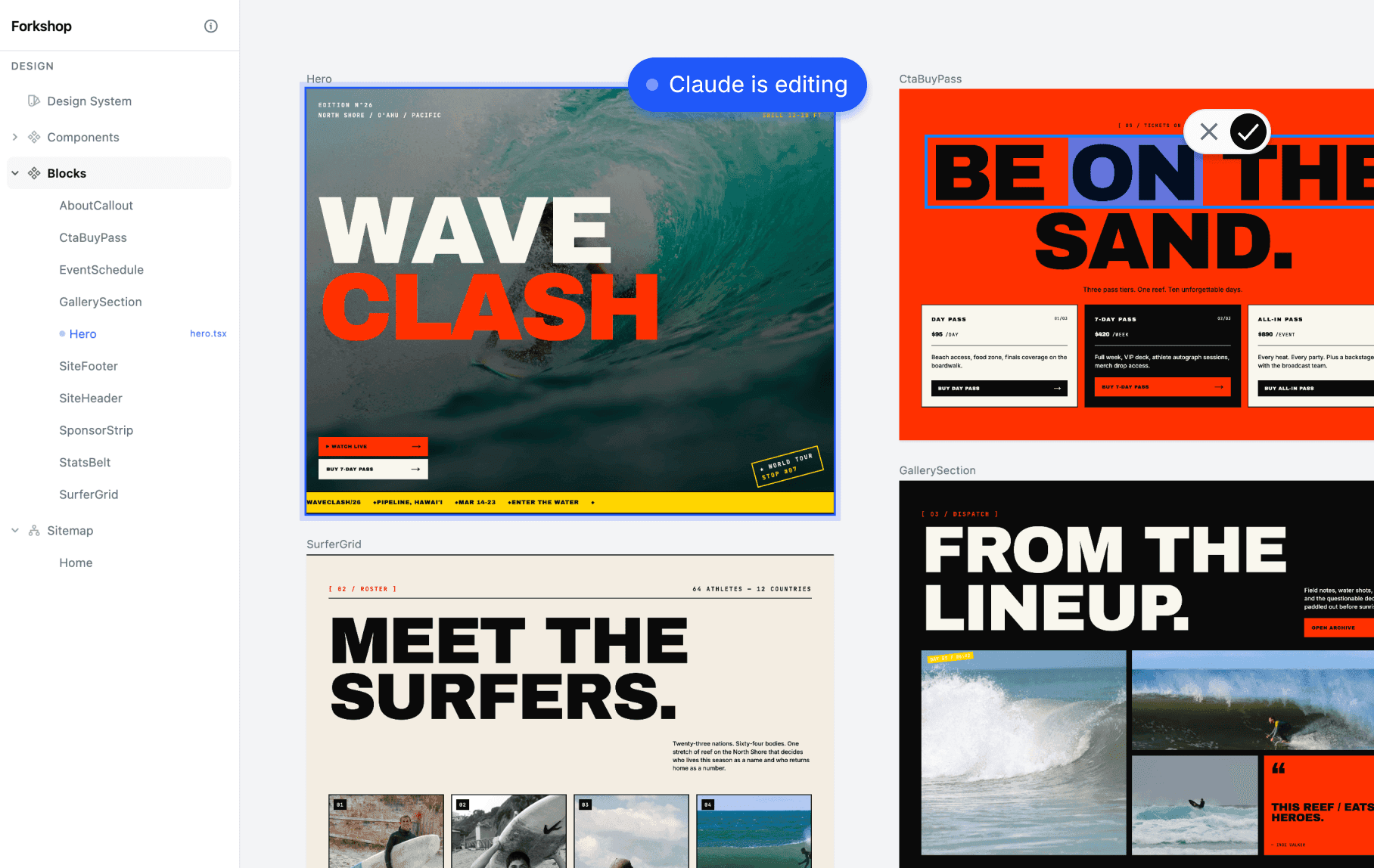 Forkshop running in a Next.js project — sidebar with boards on the left, canvas with stacked iframe viewports on the right.